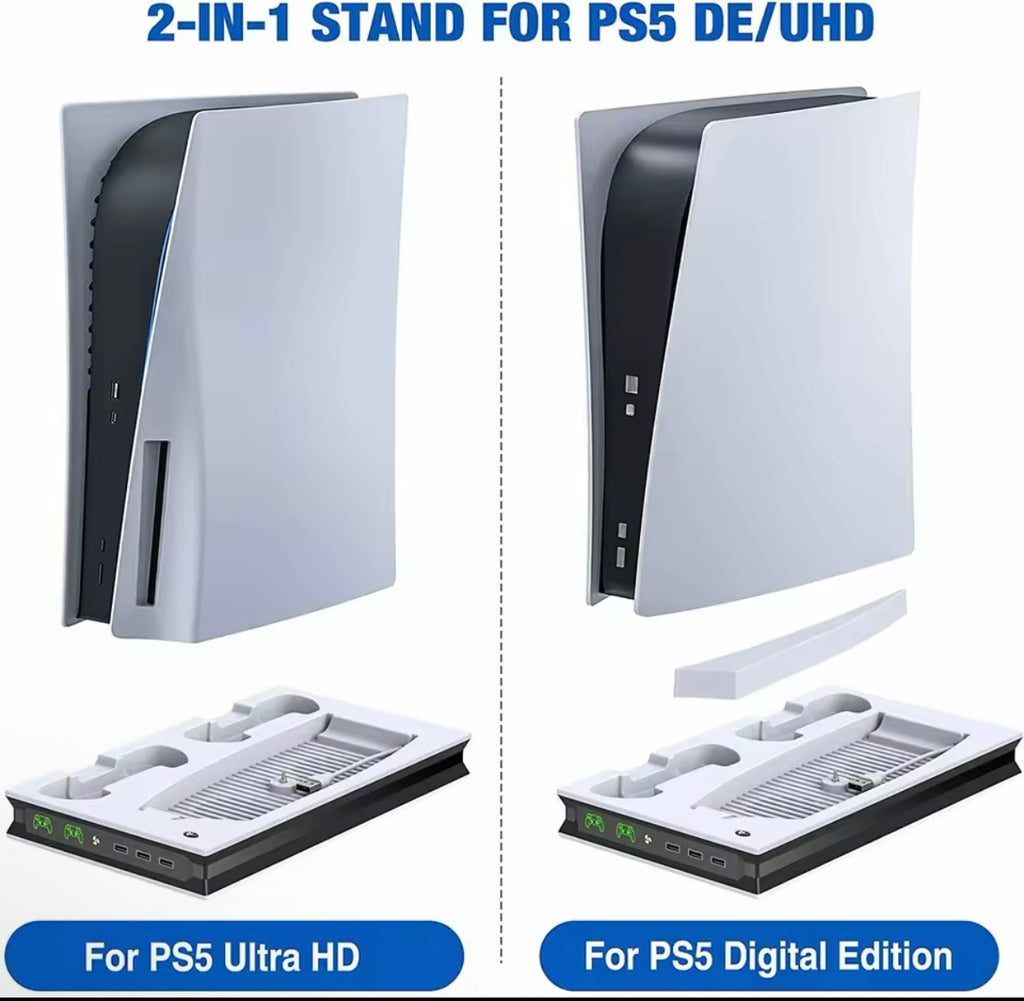 Base Multifuncional com Ventoinha de Refrigeração para PS5 1 GERAÇÃO – Base de Carregamento para 2 Comandos com Luz LED – Acessório Gaming Tudo-em-Um