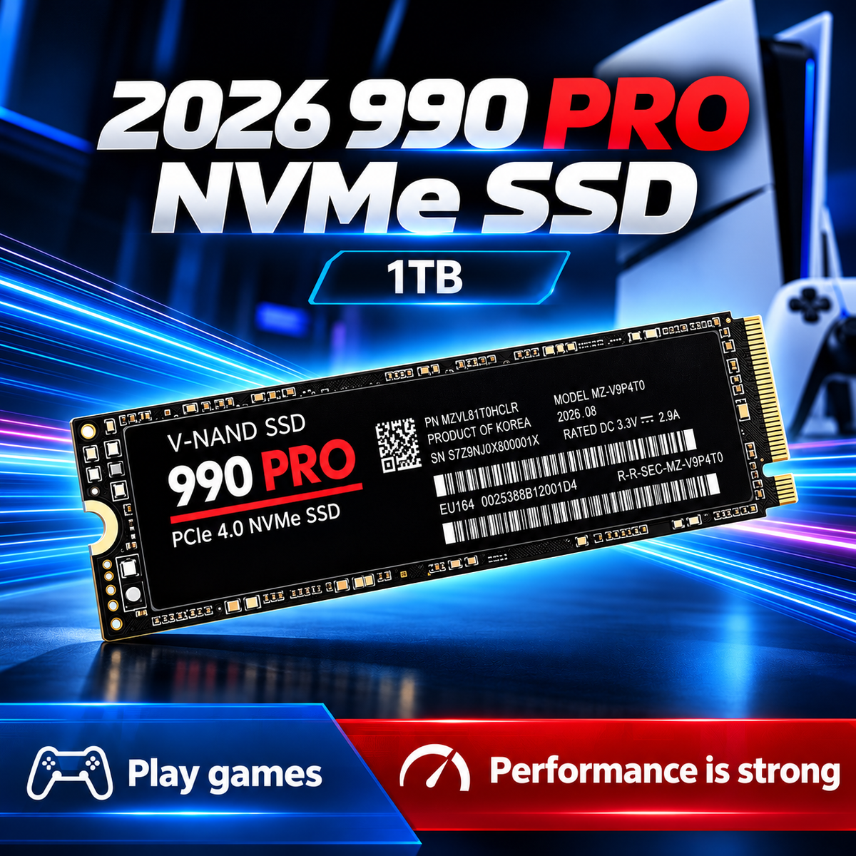 Hochgeschwindigkeits-SSD NVMe 990 PRO M.2 2280 PCIe Gen4 1 TB interner Speicher für PS5, Laptop und Desktop-Computer